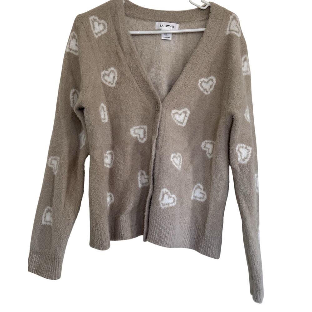 Bailey 44 Womens XL Beige Fuzzy Heart Cardigan Button Front Cottagecore